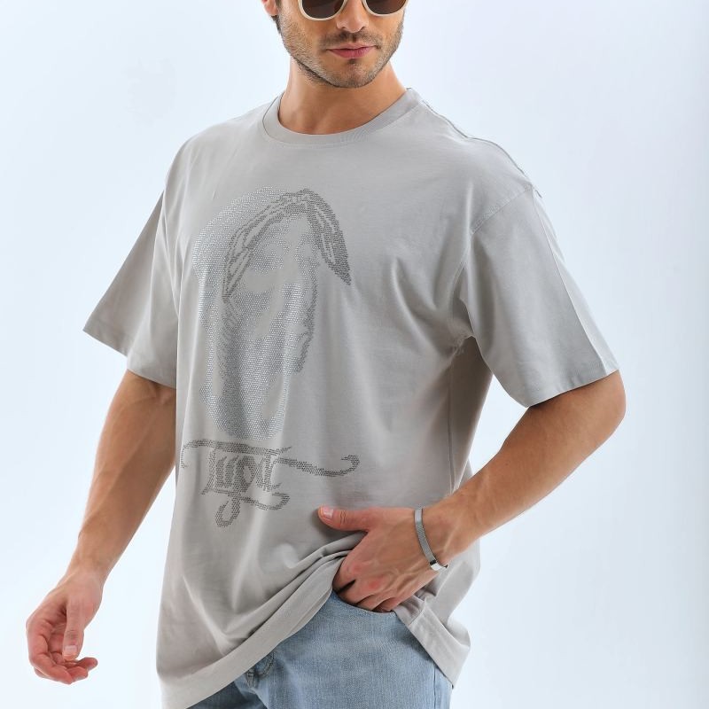 ERKEK Tişört TAŞ Detaylı Bisiklet Yaka  Kısa kol T-Shirt - Gri